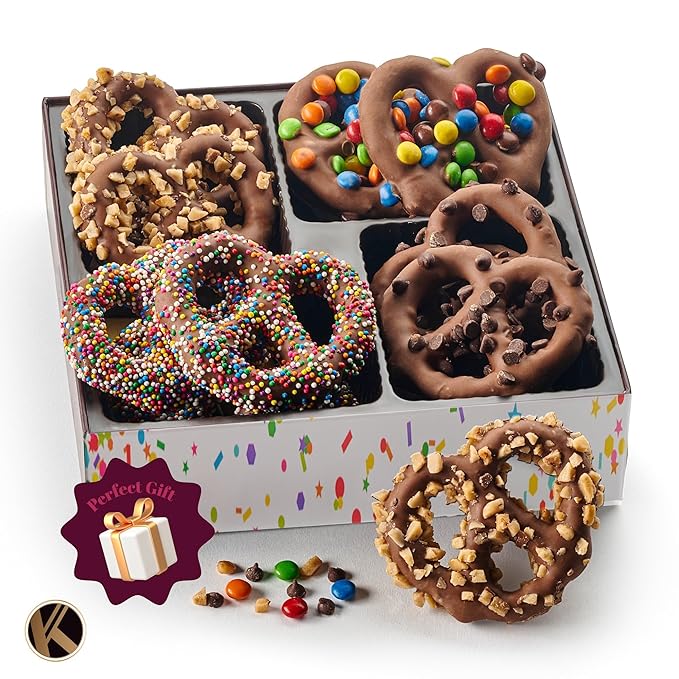 KREMERY Creamy Chocolate Cravings - Halloween Treats For Adults Chocolate Covered Pretzel Twists & Grahams Cookies Gift Basket, in Brown Gift Box (12 Count, Assorted Sweet Toppings) Holiday Christmas