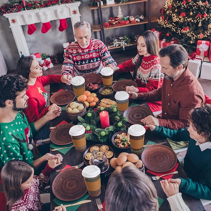 50 Set Vintage Christmas Disposable Coffee Cups with Lids and Sleeves Bulk 16 oz Paper Cups for Cold Drinks Hot Chocolate Tea Beverage Christmas Party Winter Supplies