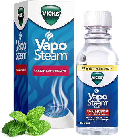 Vicks VapoSteam Medicated Liquid Camphor Cough Suppressant, VapoSteam Liquid Helps Relieve Coughing, Compatible with Vicks Humidifiers & Vaporizers, 8 Oz