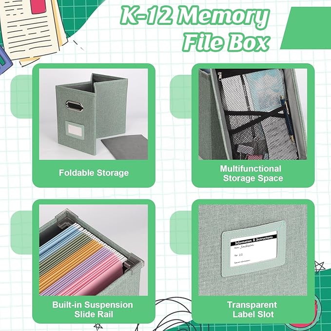 DOSTATNI School Years Organizer Kit K-12 School Years Memory Keeper with 15 Hanging File Folders Plastic 4 different Labels Memory Keepsake Box for kids Storage Pictures File Keeper (Letter Size)