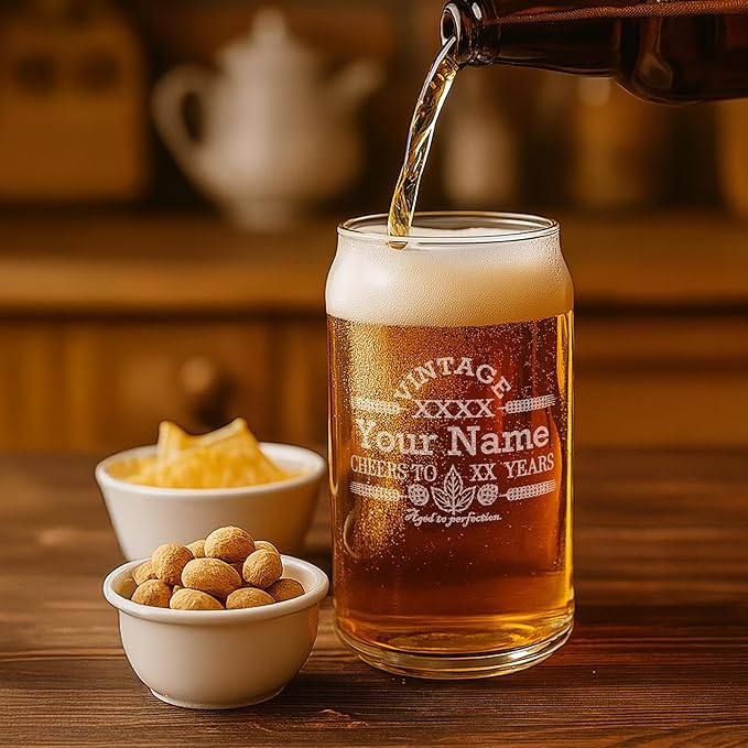 On The Rox Customized Beer Can Glass-Personalized-Birthday Beer Glass-Engraved-Vintage-Cheers-Aged To PERFECTION-Birthday Gift-Etched Beer Glass-Barware (1)