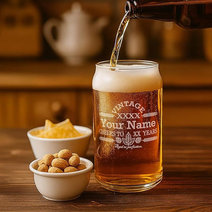 On The Rox Customized Beer Can Glass-Personalized-Birthday Beer Glass-Engraved-Vintage-Cheers-Aged To PERFECTION-Birthday Gift-Etched Beer Glass-Barware (1)
