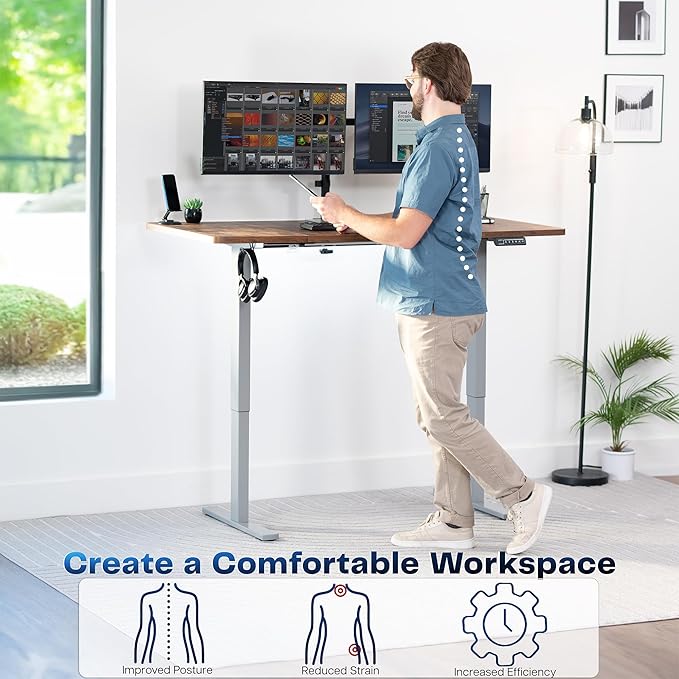 VIVO Electric 60 x 30 in Rustic Standing Desk, Memory Height Adjustment, 1B Series, Vintage Brown Top Gray Frame, DESK-KIT-1G6N-30