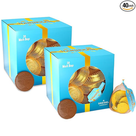 The Dreidel Company Original 40-Mesh Bags Chocolate Gelt Gold With Menorah And Dreidel Design Coins, Made with Premium Belgian Milk Chocolate, Gluten Free, Non-GMO, Kosher Certified (40 Mesh Bags)