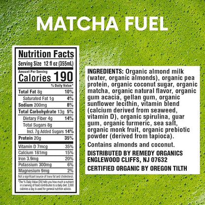 Remedy Organics Matcha Fuel 12-Pack | Plant Based 20g Protein Shakes, Ready to Drink | USDA Organic, Gluten Free, Dairy Free, Soy Free