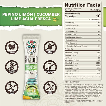 Salud 2-in-1 Hydration Packets + Immunity Electrolytes Powder, Cucumber Lime - Agua Fresca Drink Mix, Elderberry, Dairy & Soy Free, Non-GMO, Gluten Free, Vegan, Low Calorie, 1g Sugar (15 Servings)