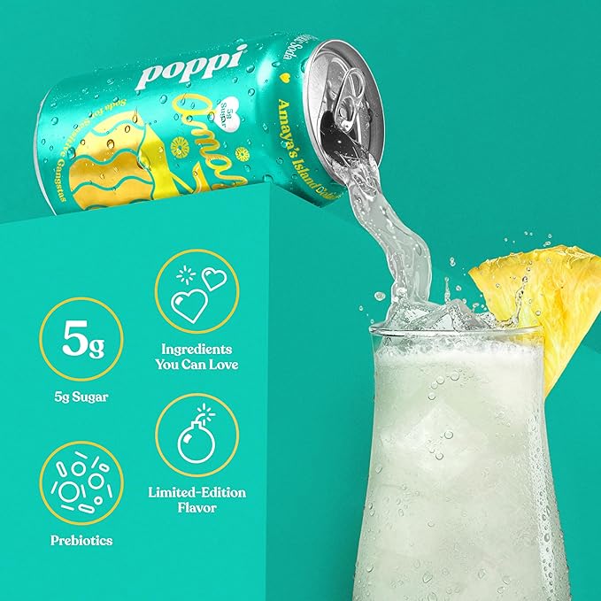 Poppi Sparkling Prebiotic Soda Beverage with Apple Cider Vinegar, Seltzer Water and Fruit Juice, Amaya’s Island Colada Limited Edition Flavor, 12 oz, Pack of 12, Packaging May Vary