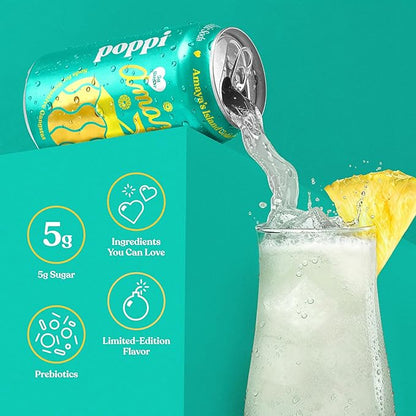 Poppi Sparkling Prebiotic Soda Beverage with Apple Cider Vinegar, Seltzer Water and Fruit Juice, Amaya’s Island Colada Limited Edition Flavor, 12 oz, Pack of 12, Packaging May Vary