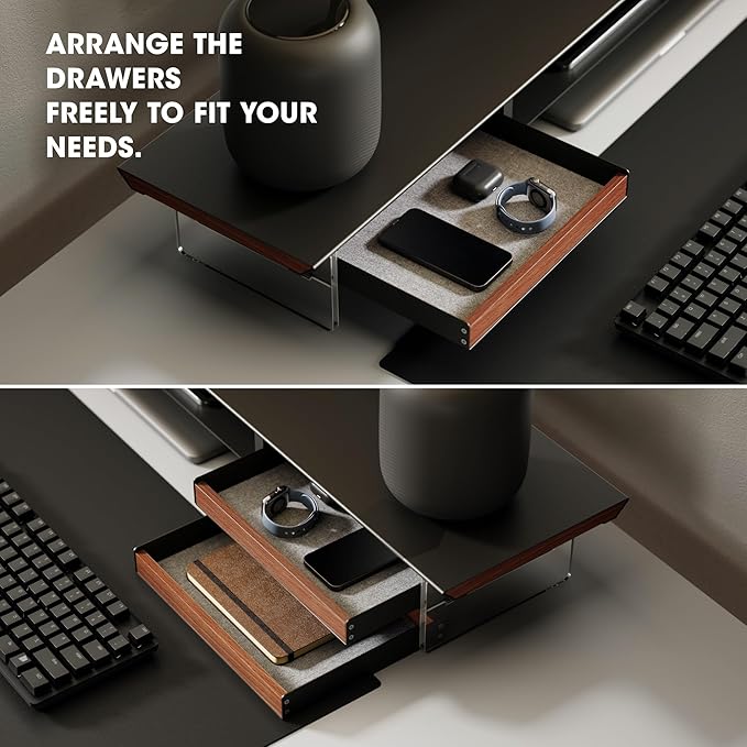Fenge Acrylic Monitor Stand, 2 Tier Dual Monitor Riser with Solid Wood Drawers, 42.5 Inch Computer Stand for Two 27 Inch Monitors, Desk Shelf for PC, Laptop, Printer, TV, Black