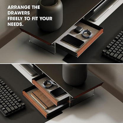 Fenge Acrylic Monitor Stand, 2 Tier Dual Monitor Riser with Solid Wood Drawers, 42.5 Inch Computer Stand for Two 27 Inch Monitors, Desk Shelf for PC, Laptop, Printer, TV, Black