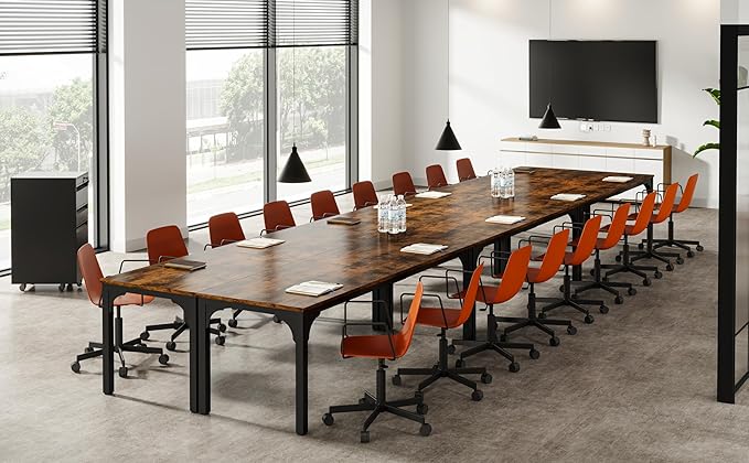 13FT Conference Table, Super Sturdy Large Rectangle Meeting Seminar Table for 16 Person, Long Business Tables, 4 Pcs Brown