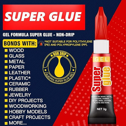 3 Gram (Pack of 12) Single use Super Glue Gel, Super Fast, Thick & Strong Adhesive Superglue, Cyanoacrylate Glue for Hard Plastics, DIY Craft, Ceramics, Frame, Leather, Metal Etc
