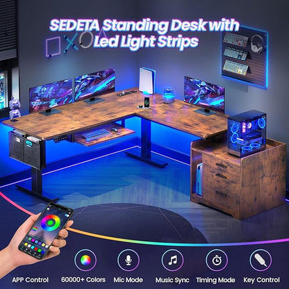 SEDETA L Shaped Electric Standing Desk with File Cabinet, 63 x 53'' Height Adjustable Home Office Computer Desk with 3 Drawers, Power Outlet, Stand up Gaming Table with Led Lights, Rustic Brown