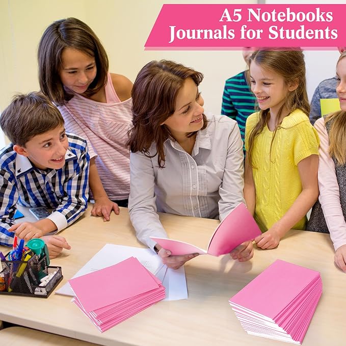 Mimorou 100 Pcs Kraft Notebook Journals 5.5 Inch x 8.3 Inch A5 Softcover Notebooks Bulk for Writing Sketch Office Notepad with 60 Pages 30 Sheets (Multicolor,Lined)(Pink,Lined)