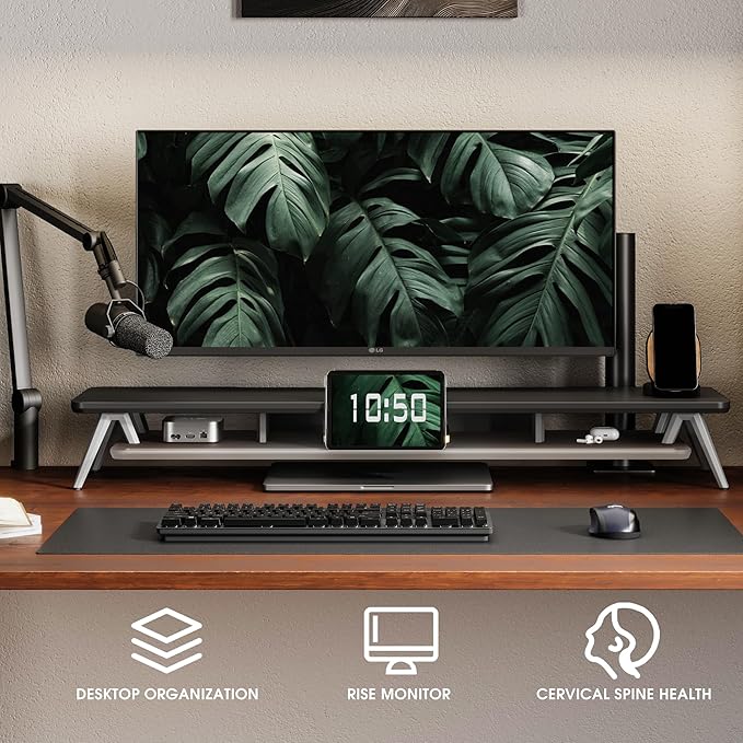 Fenge Dual Monitor Stand for Desk, 2 Tiers Monitor Riser with Acrylic Shelf, 42.5 Inch Wood and Aluminum Desk Shelf with Phone and Tablet Holder