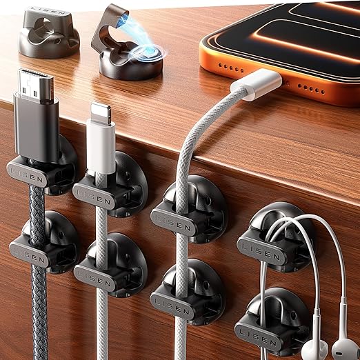 10 Pack Magnetic Cable Clips [2025 Minimum Size] LISEN Magnetic Cord Holder for Nightstand Desk, Cable Management for Home Office Organizer Wire Organizers for iPhone 17 Charger Cord, Dorm, Wall, Car