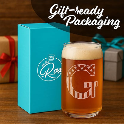 Monogram Beer Glasses for Men (A-Z) 16 oz - Beer Gifts for Men Brother Son Dad Neighbor - Unique Gifts for Him - Personalized Drinking Gift Beer Glass Mugs - Engraved Beer Can Glass (G)