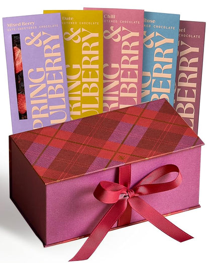 Spring & Mulberry Healthy Dark Chocolate Bars Sugar Free - Date Sweetened Chocolate Gift Box - Healthy Bars, Gluten Free & Vegan - Embellished with Fruits & Florals Holiday Chocolates Gift Set