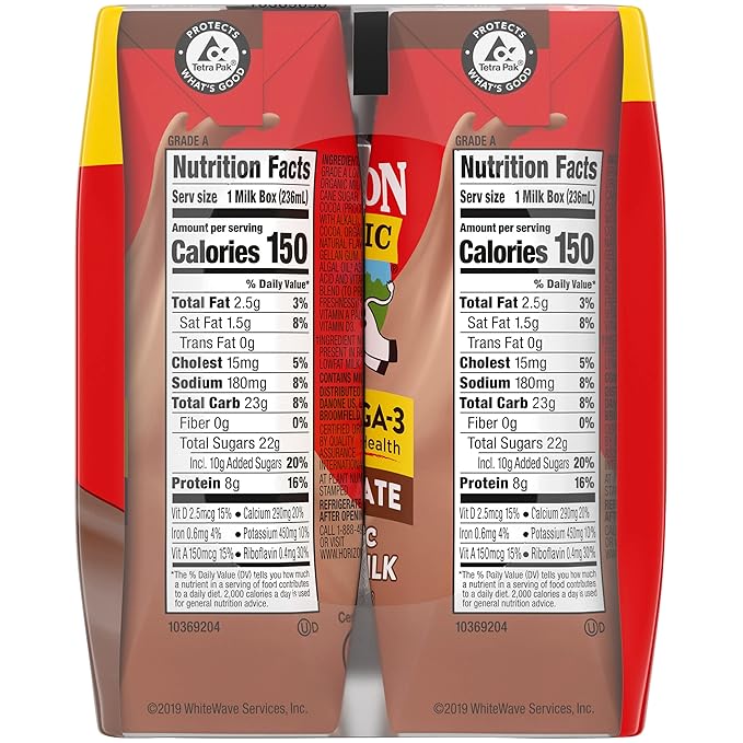 Horizon Organic Shelf Stable 1% Lowfat DHA Omega-3 Chocolate Milk Boxes, 8 fl oz, 6 Count - 8g Protein per Serving, USDA Organic UHT from Pasture-Raised Cows, Ready to Drink for Lunchbox, Travel, or On-the-Go, No Refrigeration Needed