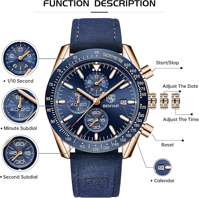 BY BENYAR Watch for Men Analog Quartz Chronograph Waterproof Luminous Designer Mens Wrist Watches Business Work Sport Casual Dress Watch with Silicone Strap Elegant Gifts for Men