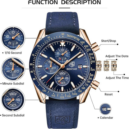 BY BENYAR Watch for Men Analog Quartz Chronograph Waterproof Luminous Designer Mens Wrist Watches Business Work Sport Casual Dress Watch with Silicone Strap Elegant Gifts for Men