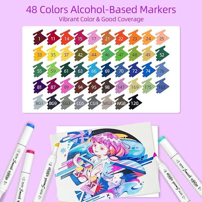 48 Colors Alcohol Markers, Dual Tip Art Markers with Fine Tip & Chisel Tips for Coloring, Illustrations, Drawing, Sketching Perfect for Adults