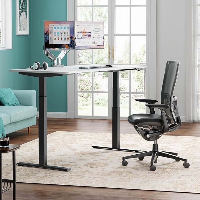 Pro 3 Stages Dual Motor 59 x 30 in Electric Standing Desk with One Piece Desktop, Adjustable Height, Sit to Stand Up Desk for Home Office, Work Study, Black Frame & White Desktop (2 Packages)