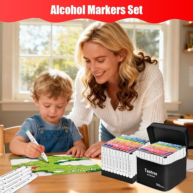 Taotree Alcohol Markers 120 Colors with Case & Holders, Dual Tips Art Coloring Markers Pens, Chisel & Fine Sketch Pens Art Supplies for Artist Kids Adult Coloring Books Drawing, Painting, Sketching