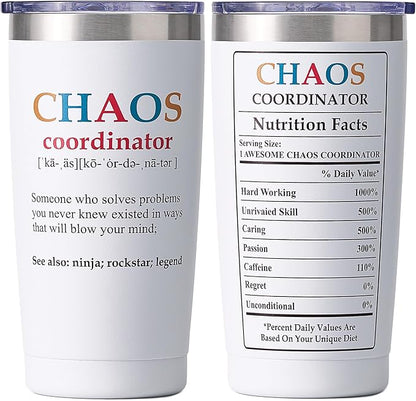 SUNWILL Coffee Tumbler with Lid, Christmas Gifts for Women, Stainless Steel Insulated Mug, CHAOS Coordinator Cups for Birthday, Thank you, Graduation - 20 oz Snow White