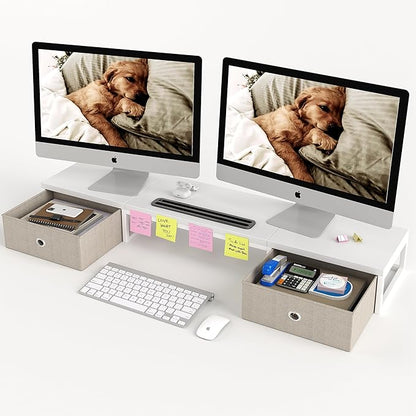 Dual Monitor Stand Riser with 2 Drawers - 39Inch Large Storage Computer Monitor Stands for 2 Monitors, Wooden Desktop Organizer Perfect for Home Office Desk, Computer, Laptop, TV, White