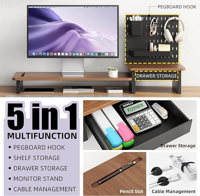 Monitor Stand Riser,Computer Monitor Stand with DIY Pegboard and drawer for Laptop,PC,Computer,Printer,Walnut Finish