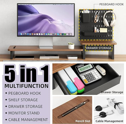 Monitor Stand Riser,Computer Monitor Stand with DIY Pegboard and drawer for Laptop,PC,Computer,Printer,Walnut Finish