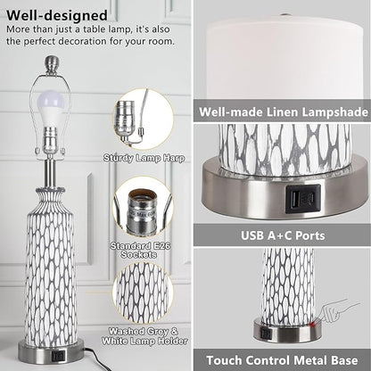 QiMH Table Lamp for Living Room,Bedside Lamps for Bedroom Set of 2 with USB A+C Ports,3-Way Dimmable Touch Control, Modern Coastal White Grey Resin Nightstand Lamp, Included 2700K LED Bulbs