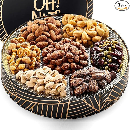 Oh! Nuts 7 Section Nuts Gift Basket - Gourmet Assorted Nut Gifts Baskets - Healthy Nuts Gift Round Metal Tin Box - Premium Food Gift for Birthday, Holiday, Movie Night, Corporate, Men & Women
