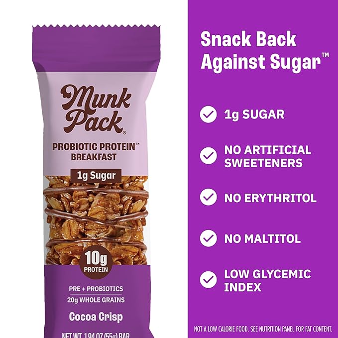 Munk Pack Probiotic Protein Bars Stocking Stuffers - Cocoa Crisp | 10g Plant Protein, 1g Sugar, 6g Fiber | Diabetic-Friendly Ideal Breakfast Bars - On-the-Go Snacks, Gluten-Free, Non-GMO | 12 Count