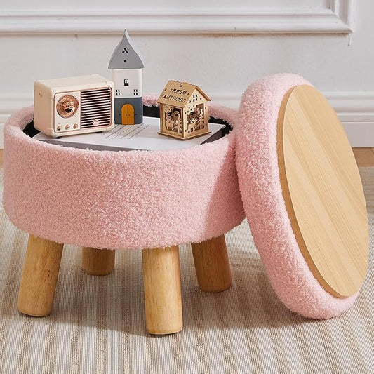 Small Foot Stool Ottoman with Storage, Sherpa Ottoman Foot Rest for Couch, Round Footstool with Storage, Small Ottomans and Footstools for Living Room and Entryway (Pink)