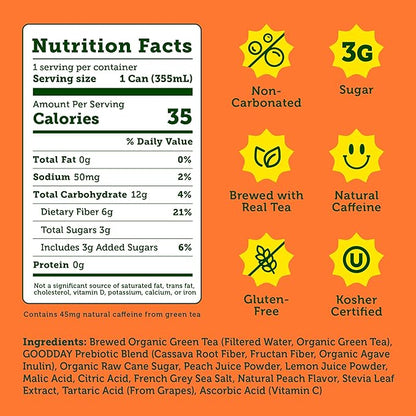 Halfday, Prebiotic Peach Iced Tea, 12 Fl Oz Can