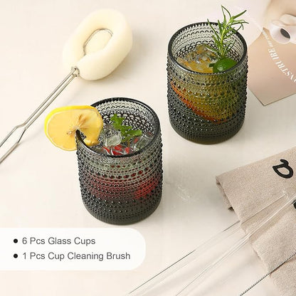 Vintage Glassware Drinking Glasses Set of 6,12 oz Hobnail Glass Cups,Embossed Grey Water Tumbler,for Beer,Cocktail,Whiskey,Juice and Various Mixed Drinks- 1 Cleaning Brush