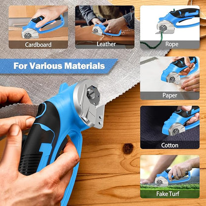 Cordless Electric Scissors, 4V Box Cutter & Cardboard Cutter with 2 Titanium Blades - Rotary Cutter with LED Light for Fabric, Leather, Carpet, Plastic, Crafting + Storage Case (Blue)