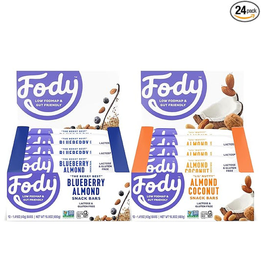 Fody Foods Snack Bars Variety Pack, 1.41 Oz (Pack of 24), Almond Coconut & Blueberry Almond, Protein Bars, Low FODMAP, Gut & IBS Friendly, Vegan, Lactose Free, Non-GMO, Gluten Free