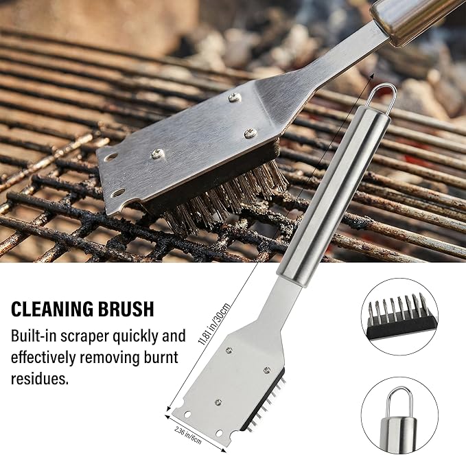 BBQ Grill Accessories Set, Grill Tools Grilling Accessories Grilling Gifts for Men - Spatula, Fork, Brush, Tongs & Cleaning Brush - Outdoor Barbecue Utensils Gifts for Men Dad Him (Sliver)