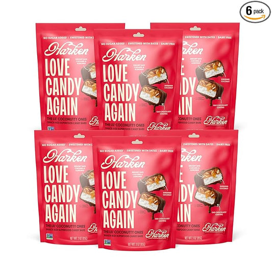 Harken Sweets The Lil’ Coconutty Ones, Mini Oat Milk Chocolate Candy Bars with Coconut, Sweetened with Dates, No Sugar Added, High Fiber, Gluten-Free, Plant-Based, 6 Pouches (30 Bars)