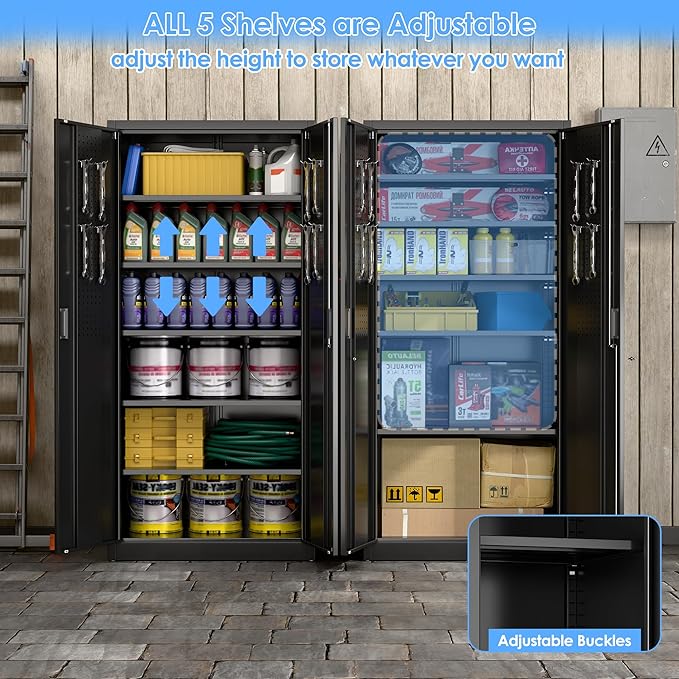 Metal Storage Cabinet, 71" H×34" W×18" D Garage Storage Cabinet with Pegboard, 5 Adjustable Shelves and 2 Doors for Garage Home Office, Lockable File Cabinet, Black, Assembly Required
