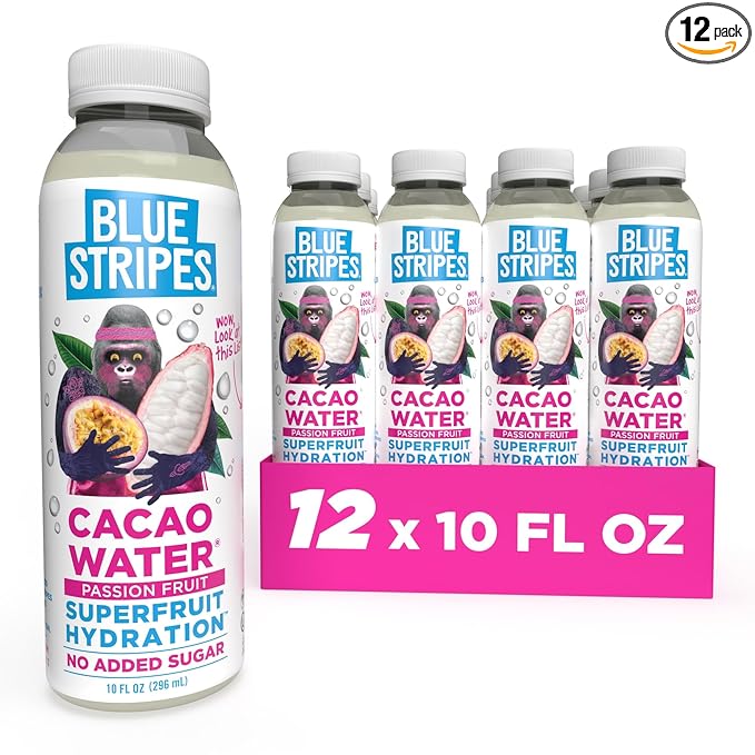 Blue Stripes Cacao Water (Passion Fruit) - All-Natural, No Sugar Added, Superfruit Hydration - Electrolytes & Antioxidants | Vitamin C & B | No Artificial Ingredients | (12 Pack)