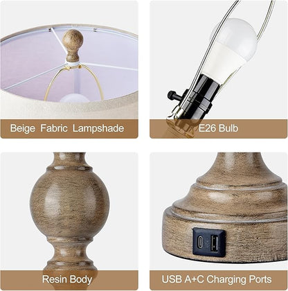 Farmhouse Table Lamps for Living Room Set of 2, Rustic Table Lamp with USB Ports, 28" Tall Table Lamps for Bedroom Nightstand, Bulb Not Included