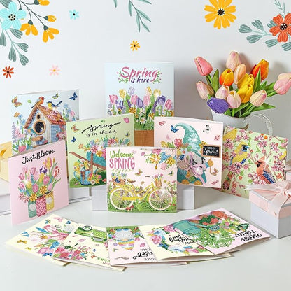 Saillong 12 Pack Spring Diamond Painting Greeting Card Kits Easter Diamond Art Cards with Envelopes Gnome Tulips Flowers 5d Rhinestones Painting Kits for Adults DIY Crafts Family Friend Spring Gifts