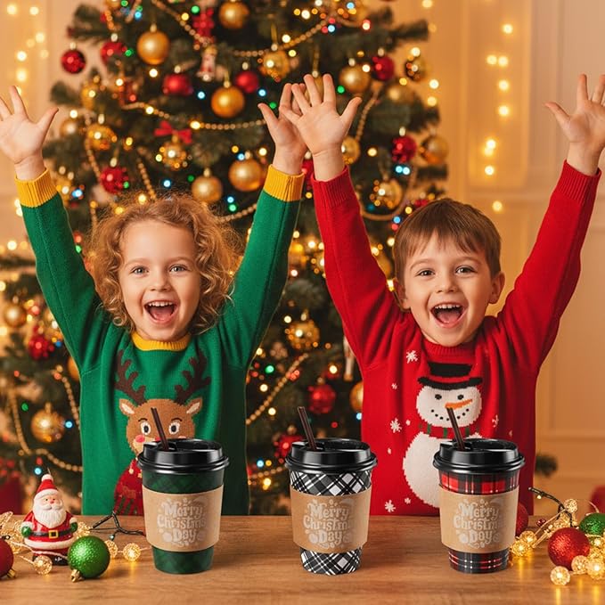 Lallisa 100 Sets Christmas Disposable Coffee Paper Cups Bulk with Lids Sleeves & Straws, 12 oz Xmas Red and Green Buffalo Plaid Cups for Hot Cold Cocoa Tea Holiday Party Supplies