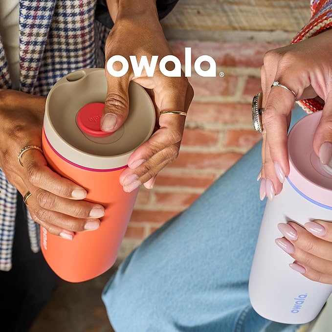 Owala SmoothSip Slider Insulated Stainless Steel Coffee Tumbler, Reusable Cup, Hot Coffee Travel Mug, BPA Free 12 oz, Pink (Pucker Up) (Pack of 8)