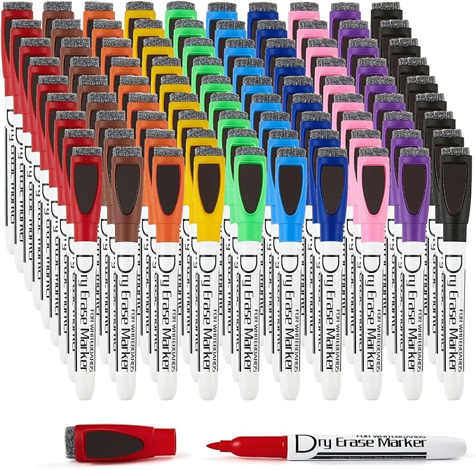 Volcanics Magnetic Dry Erase Markers With Eraser Low Odor Fine Tip Whiteboard Markers White Board Pens Pack of 90,10 Colors for Office Home and School