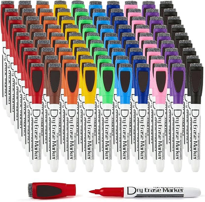 Volcanics Magnetic Dry Erase Markers With Eraser Low Odor Fine Tip Whiteboard Markers White Board Pens Pack of 90,10 Colors for Office Home and School